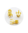 10 Piece SMA Female PCB Mount Connector Set, 50 Ohm RF Brass Edge Solder Mount, shown with top and side views, 0 to 6 GHz Coverage.