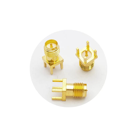 10 Piece SMA Female PCB Mount Connector Set, 50 Ohm RF Brass Edge Solder Mount, shown with top and side views, 0 to 6 GHz Coverage.