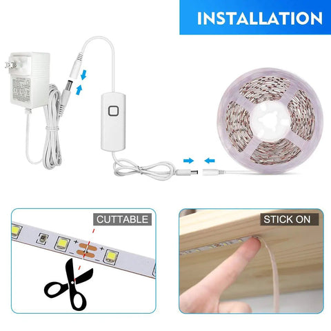 Installation of Under Cabinet LED Lighting Kit With Sixteen Point Four Foot Dimmable Tape Light 1050 Lumen Super Bright Warm White 3000K 2835 SMD LEDs Ten Level Dimming Ideal For Kitchen Cabinets Shelves Counters And Bedroom Decor