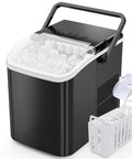 No Sweat Countertop Ice Maker With Carry Handle Whips Up 26 Pounds Of Bullet Ice In 24 Hours Via A Rapid 6 Minute Cycle Plus Auto Clean Tech For Home Kitchen Rv Camping Matte Black with filled ice basket.