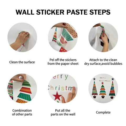 Wall sticker paste steps diagram with images of cleaning surface, peeling stickers, attaching, combining parts, and finished result.