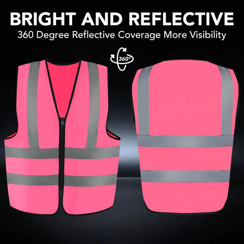 Rock This Neon Pink Three Pack Reflective Safety Vest For Men And Women Featuring Bold Two Inch Strips For Genuine High Visibility Coverage On Active Job Sites And Nighttime Outdoor Tasks Stay Safe Out There Straight Up Every Single Day showing 360-degree reflective coverage with bold pink and gray stripes.
