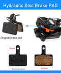 Front view of CNC MTB hydraulic disc brake pad set with caliper; original and replacement pads shown (30.5mm wide, 4mm thick).