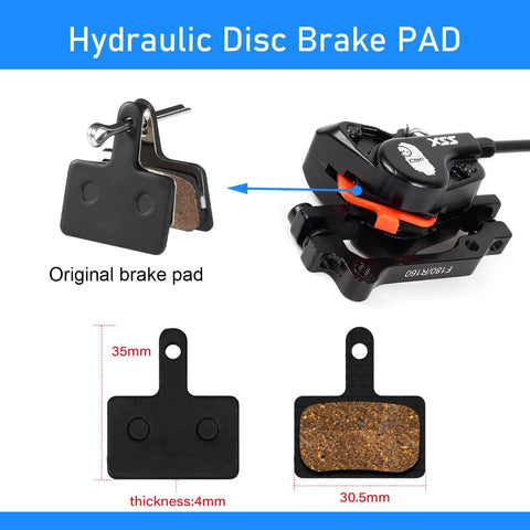 Front view of CNC MTB hydraulic disc brake pad set with caliper; original and replacement pads shown (30.5mm wide, 4mm thick).