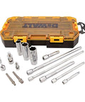 Fifteen Piece Socket And Accessory Tool Kit With Lockable Stackable Tray One Quarter Inch And Three Eighths Inch Drives Hardened Markings