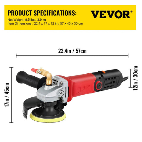 Corded Wet Buffer Polisher Kit With 7 Amp Motor, 4 And 5 Inch Pad Sizes showing dimensions and specifications