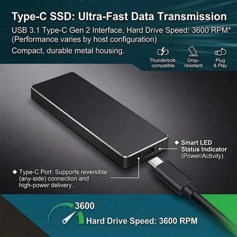 2TB Go-To External SSD Drive For Photos And Videos With USB 3.1 Type-C Ultra Fast Plug And Play Portable Storage Black Shock-Resistant