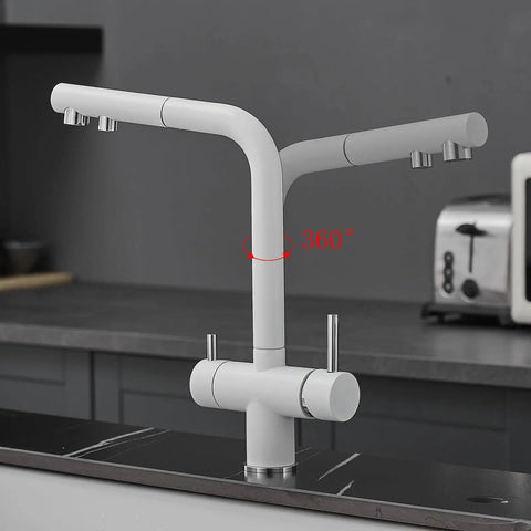 3-Way Kitchen Faucet with Pull-Down Hose Ch h Rotating Design Water Filter for Drinking Modern Sink Mixer with 360° swivel feature.