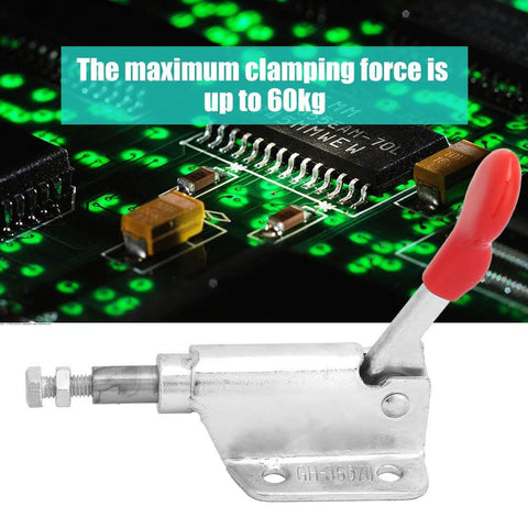 Industrial-Grade Galvanized Iron Toggle Clamp With 10mm Range And 60kg Clamping Force shown on circuit board background.
