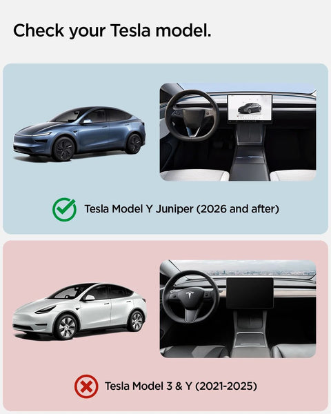 Spigen CryoShade roof sunshade compatibility infographic for Tesla Model Y Juniper (2026+) and Model 3/Y (2021–2025).