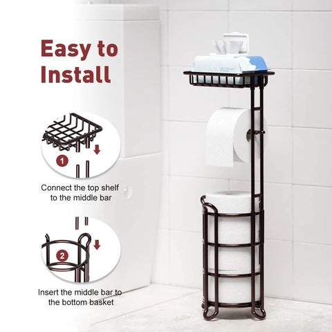 Free Standing Toilet Paper Holder Stand Dispenser With Top Shelf For Bathroom Storage Keeps One On The Roll And Three Spare Mega Rolls Bronze Finish