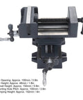 Heavy Duty 4 Inch Slide Drill Press Vise Crafted From Durable Cast Steel With Smooth Handwheels, showing jaw opening and handwheel detail.