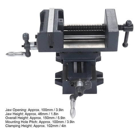 Heavy Duty 4 Inch Slide Drill Press Vise Crafted From Durable Cast Steel With Smooth Handwheels, showing jaw opening and handwheel detail.