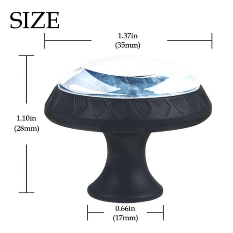 Four Piece Blue Marbled Cabinet Knobs And Drawer Pulls With Striking Crystal Glass Balls, size and dimensions shown.