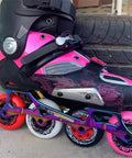 Skate Wheel Replacements For Inline Skates 68Mm 72Mm 76Mm Or 80Mm 92A Hardness For Asphalt Outdoor And Indoor Use With Sick Grip And Solid Shock Absorption Delivers A Smooth Ride On Street Or Rink, showcased on a pink and black skate boot next to a tire.