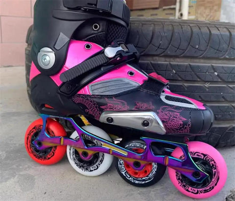 Skate Wheel Replacements For Inline Skates 68Mm 72Mm 76Mm Or 80Mm 92A Hardness For Asphalt Outdoor And Indoor Use With Sick Grip And Solid Shock Absorption Delivers A Smooth Ride On Street Or Rink, showcased on a pink and black skate boot next to a tire.