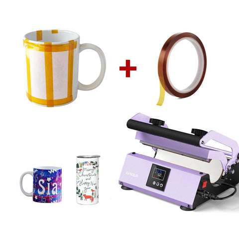 2 Rolls Heat Tape For Sublimation And Heat Press 10mm By 33m 108ft Polyimide Kapton Tape next to heat press and mugs