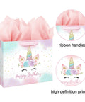 13 Inch Unicorn Birthday Gift Bag with Card & Tissue Paper for Kids, featuring unicorn design and ribbon handles