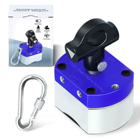 Beefy 180 Lb On Off Magnets Magnetic System For Lifting And Welding Holders with blue housing and carabiner attachment