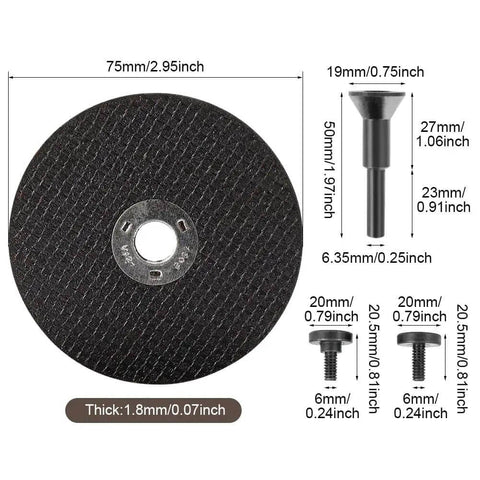 Dimensions of Six Piece Cut Off Wheel Set With One Quarter Inch Stem For Die Grinder, Built Tough Metal Cutting Discs Reinforced With Fiberglass