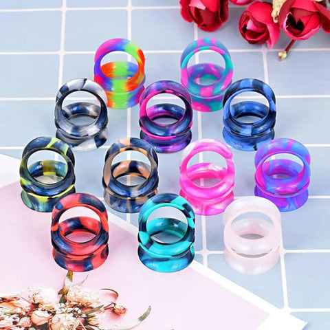 Colorful Silicone Ear Gauges Plugs Set With Double Flared Tunnels in assorted colors, lightweight flexible design for everyday wear.