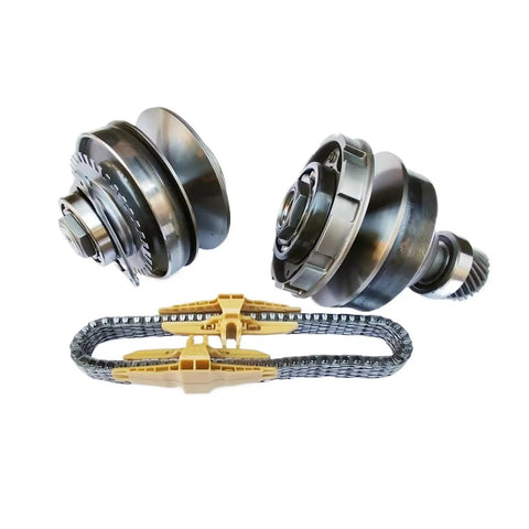 Premium JF018 Auto Transmission Sprocket Pulley Chain Set For Nissan CVT Gearbox including two pulleys and chain.