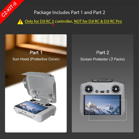 2 In 1 Anti Glare Sun Hood Shield And Screen Protector Kit for RC 2 Remote showing components, including screen protector packs