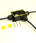 Waterproof Outdoor Junction Box IP68 With 3 Way M20 Cable Gland 4 to 12mm Wire Range Black Durable PC Construction showing open lid