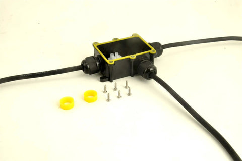 Waterproof Outdoor Junction Box IP68 With 3 Way M20 Cable Gland 4 to 12mm Wire Range Black Durable PC Construction showing open lid