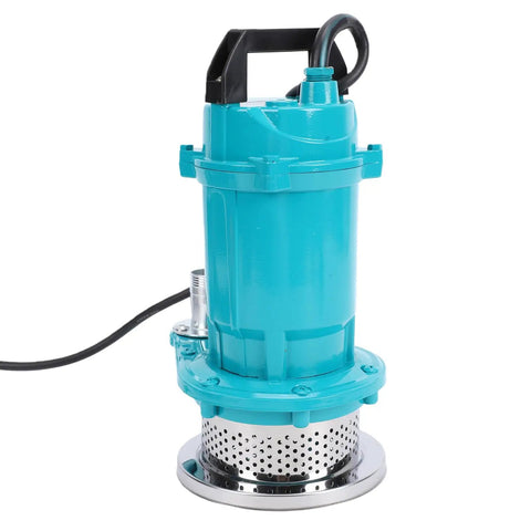 Heavy Duty Stainless Steel Submersible Sump Pump With Solid 370W Drive Motor For Basement Drainage And Pond Flow Portable 110V Utility Water Pump in turquoise color with a metal base.