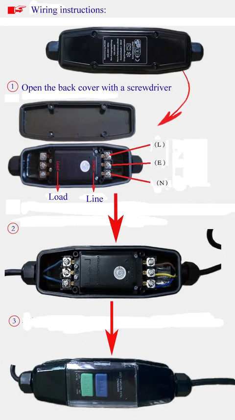 Inline GFCI Leak Protector Waterproof Outdoor Extension Cord Adapter wiring instructions with test and reset switch.