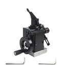 RATTMMOTOR HRV60 mini punch grinder front view; black metal punch machine with lever, gears, base and two hex wrenches