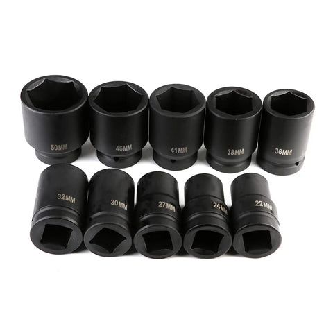 Premium 10 Piece Metric Impact Socket Set With Deep Chrome Vanadium Steel Sockets Ranging From 22mm To 50mm For Heavy Duty Automotive Repair And Professional Garage Work That Is Totally Built Tough, 10 deep black sockets