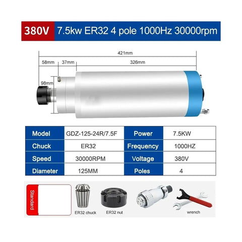 Beefy 7.5KW 380V Water Cooled CNC Spindle Motor With Four Bearings 6000 To 24000 RPM High Speed Milling Drive diagram with specs