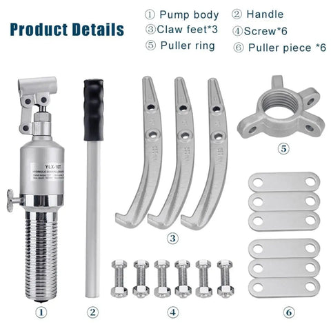 Beefy 30 Ton Hydraulic Gear Puller Kit with 2 and 3 jaw options, pump body, handle, claw feet, screws, puller ring, and pieces displayed