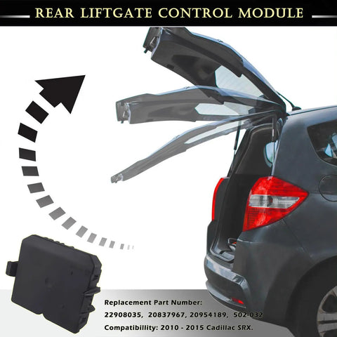 Rear Liftgate Control Module For Cadillac SRX 2010 2015 Direct Fit Plug And Play Replacement Part OEM Style Easy Install With Plastic Housing 16 Terminal Blade And Pin Built For Secure Fit And Reliable Performance, black module with open liftgate