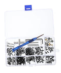RC Car Screw Tool Kit With Compact Case Includes Nuts Bolts And Tools For Various Models Essential Maintenance Set With Durable Iron Fasteners And Metric Screw Assortment For DIY Repairs, showing an open case with compartments organized with screws, bolts, and a blue-handled screwdriver.