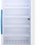 Upright Vaccine Refrigerator With Lock, 12 Cu Ft Capacity, Automatic Defrost, interior view with empty shelves and digital display.