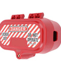 Red industrial plug lockout box with self locking design and integrated lock cylinder for electrical power isolation safety