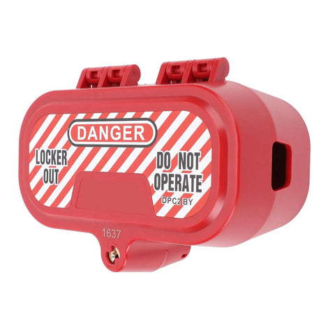 Red industrial plug lockout box with self locking design and integrated lock cylinder for electrical power isolation safety