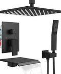Shower System With Tub Spout And Ceiling Mount Faucet Set Featuring Rain Shower Head Handheld Sprayer Waterfall Tub Spout Rough In Valve Kit Included 12 Inch Matte Black Dope Bath Upgrade