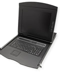 Slick Heavy Duty Rack Mount KVM Switch With Eight Port VGA USB Console Featuring A Bright Seventeen Inch TFT Monitor And Full Size Keyboard Mouse Combo open view