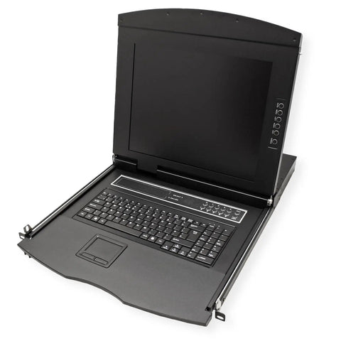 Slick Heavy Duty Rack Mount KVM Switch With Eight Port VGA USB Console Featuring A Bright Seventeen Inch TFT Monitor And Full Size Keyboard Mouse Combo open view