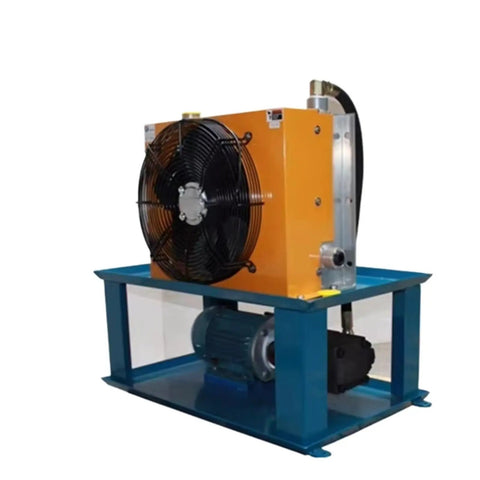 Professional Grade Hydraulic Power Unit With Advanced Oil Cooler And High Torque Pump Motor For Heavy Duty Workshops RJ405 showing fan and blue base.