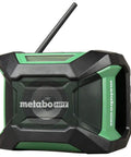 18V MultiVolt Cordless Bluetooth Radio With 15 Level Bass And Treble Equalizer, compact black and green design, side view