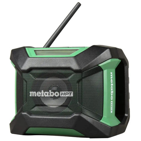 18V MultiVolt Cordless Bluetooth Radio With 15 Level Bass And Treble Equalizer, compact black and green design, side view