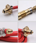 Close-up of Premium Replaceable Propane Torch For Welding And Brazing With Self Ignition Lock brass connectors and red hoses.