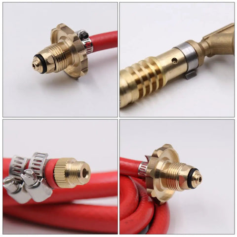 Close-up of Premium Replaceable Propane Torch For Welding And Brazing With Self Ignition Lock brass connectors and red hoses.