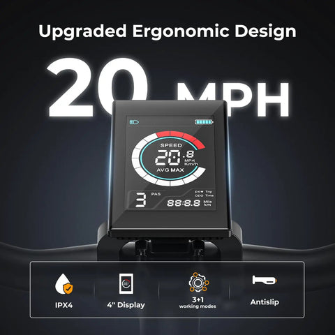 Display of Electric Bike For Adults With 1000W Peak Motor 20 MPH Top Speed showing speed and ergonomic design features.