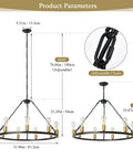 Black And Gold 9 Light Industrial Wagon Wheel Farmhouse Chandelier, Round Rustic Lighting Fixture, with adjustable chain shown